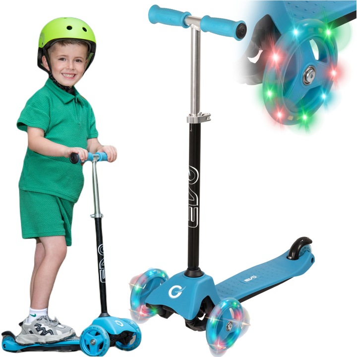 EVO állítható tricikli roller gyerekeknek, világító mini cruiser, világító kerekek, kék