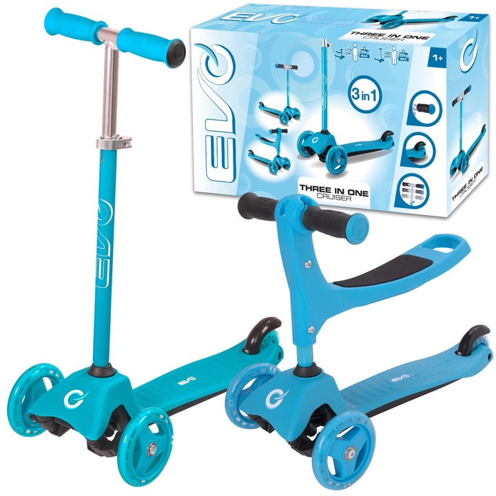 EVO Állítható 3 Kerekű Roller Gyerekeknek 2 az 1-ben Cruiser Üléssel Világoskék
