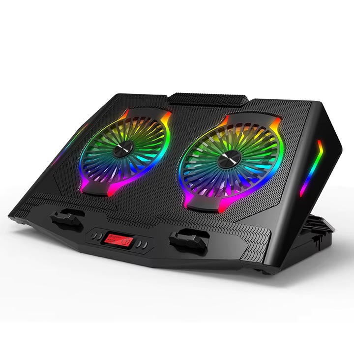 Cooler Gaming RGB Profesional pentru Laptopcu ventilatoare Duble, 15.6 -21 inch, cu 5 trepte de inaltime, ANDROTEK™, Lumini LED si Ecran LCD, 2 Porturi USB, Suport pentru telefon, 1300 RPM