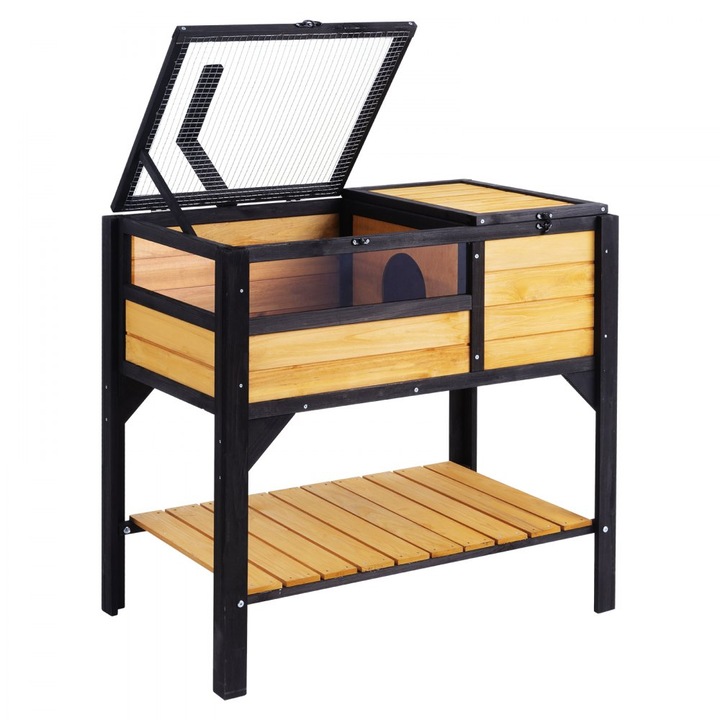 Cusca pentru testoase si reptile, din lemn, cu spatiu de depozitare, maro si negru, ideala pentru interior si exterior
