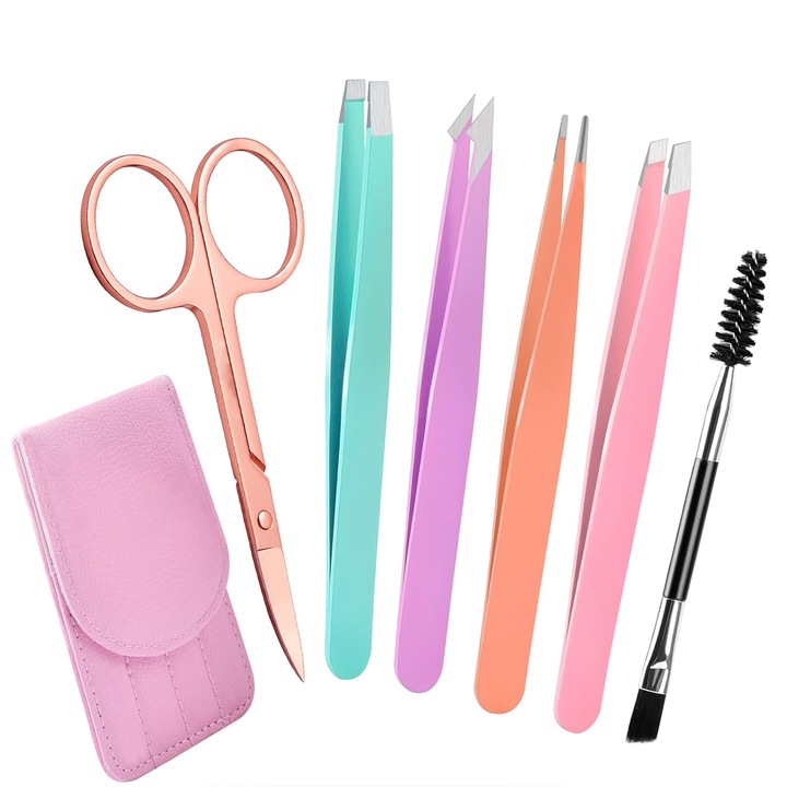 Set pensete pentru sprancene, TREXORA, 6 unelte esentiale, inox, multicolor