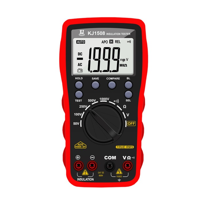 ONEZILI digitális szigetelésvizsgáló, 0.01 MO - 10 GO, 50V - 1000V, fekete és piros, 183x95x47mm