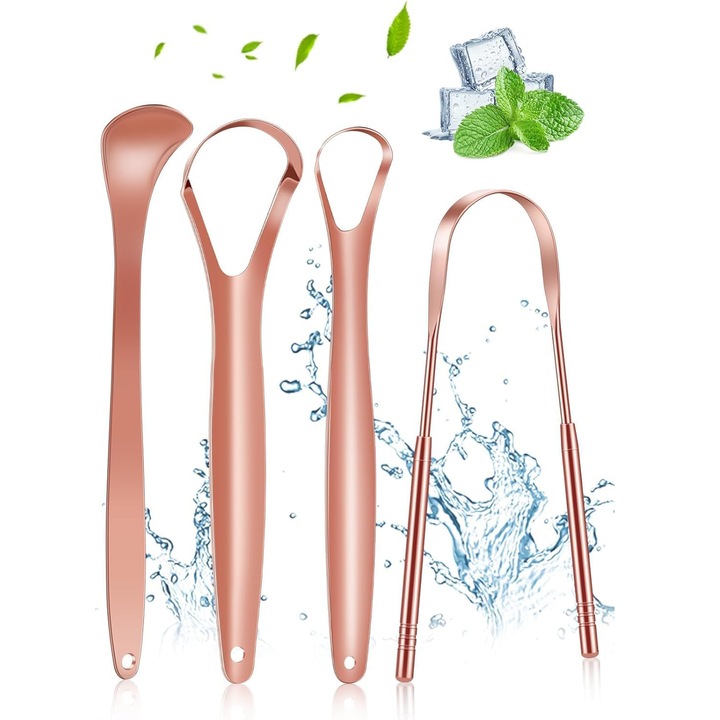 4 darabos nyelvtisztító készlet, Trexora, rozsdamentes acél, 4 forma, hatékony a friss leheletért, rózsaszín színű, felnőtteknek