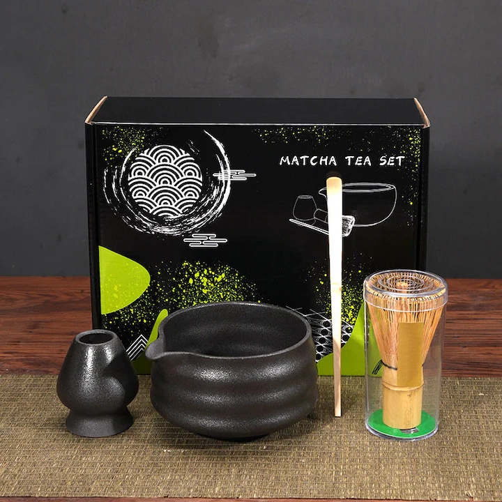 Set ceai Matcha Overtang, ceramica si bambus, bol 500ml, ustensile 4 piese