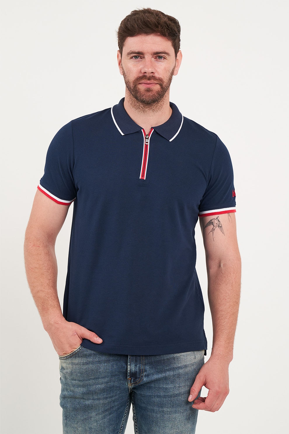 Lee Cooper, Tricou polo cu fermoar scurt, Albastru inchis, M