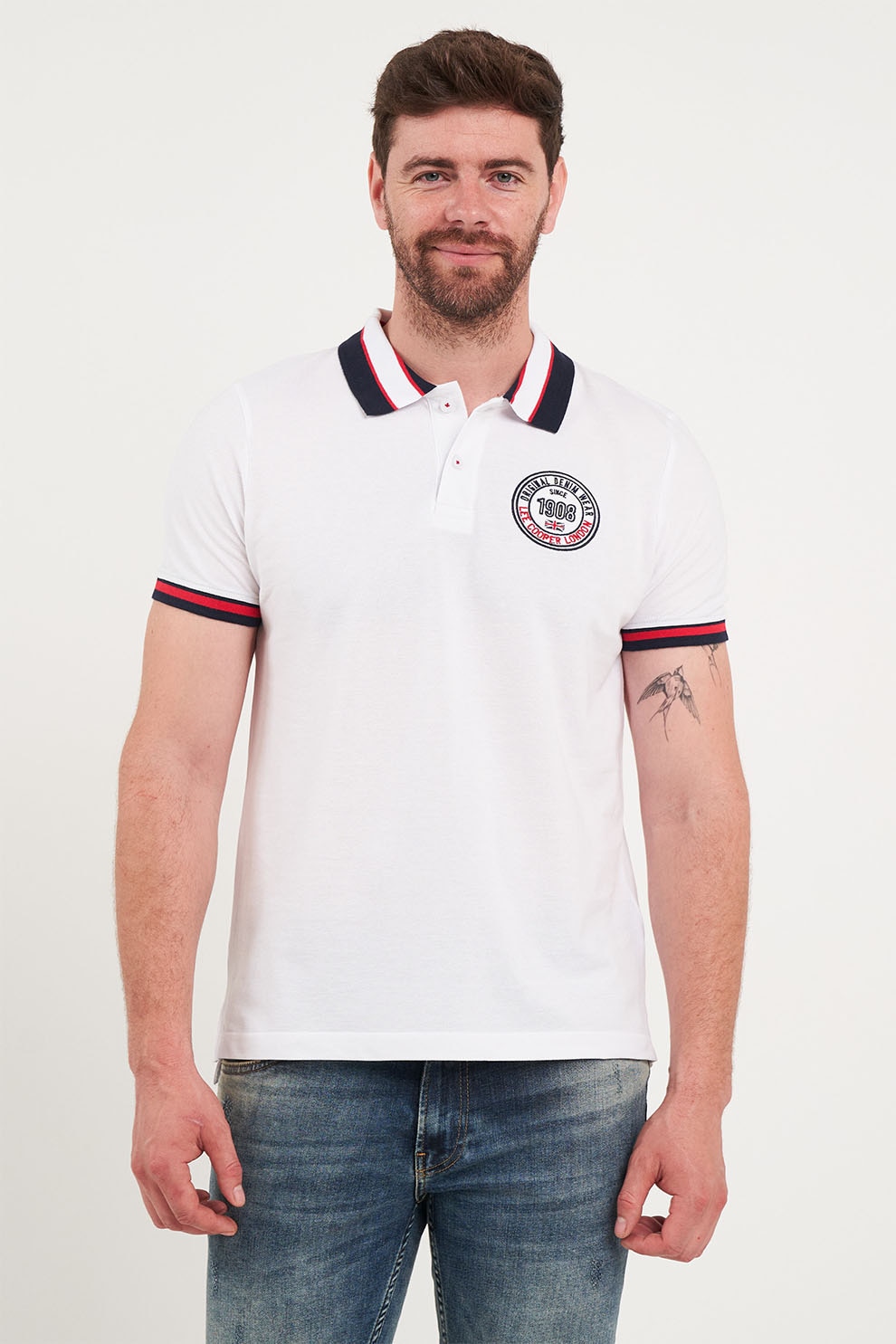 Lee Cooper, Tricou polo de bumbac cu logo brodat, Alb optic, 2XL