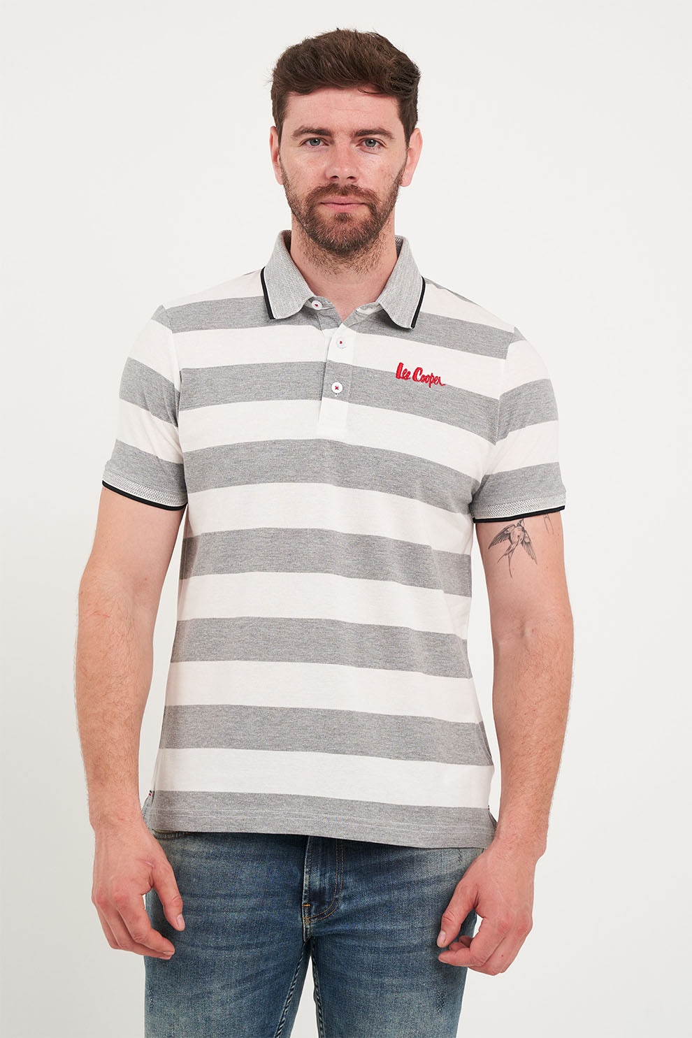 Lee Cooper, Tricou polo de bumbac cu model in dungi, Gri melange, Alb murdar, M