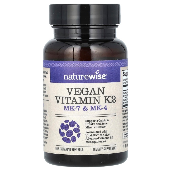 NatureWise, Vitamina K2 vegana, MK-7 si MK-4, 90 capsule vegetariene