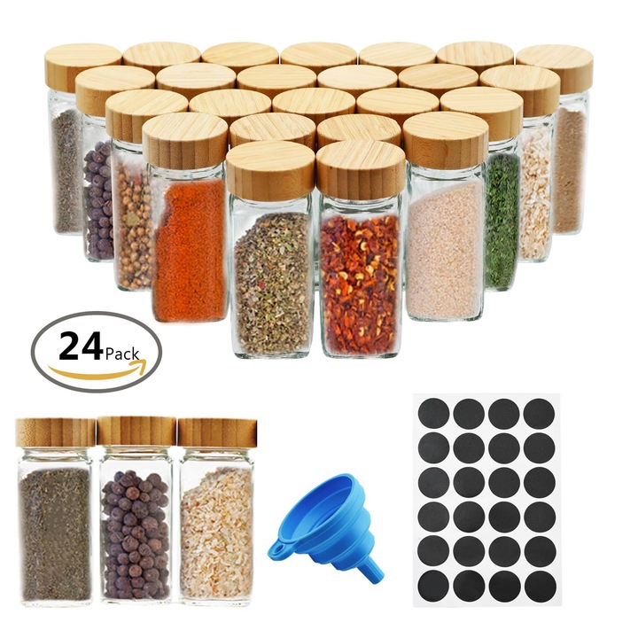 Комплект органайзери за подправки, MWAOWM, 24 стъклени буркана с бамбукови капаци, водоустойчиви етикети, практичен дизайн