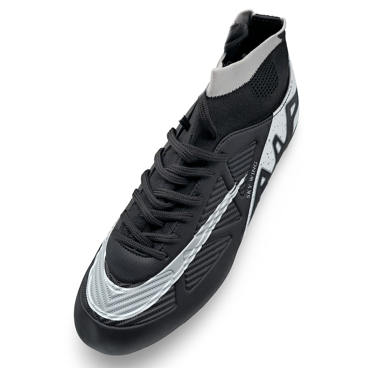 Ghete de fotbal Sky Wing C9838, cu glezniera si crampoane, pentru iarba sau sintetic, Negru