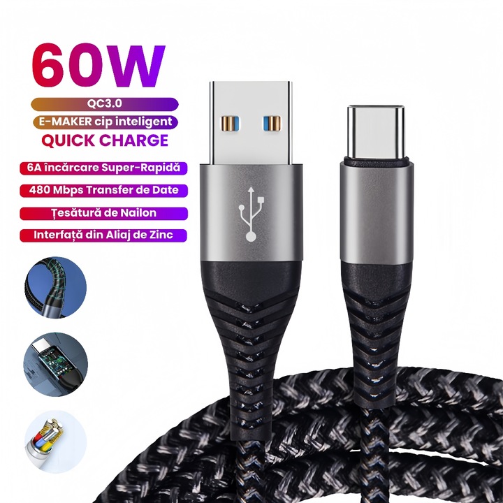 USB-A - Type-C gyorstöltő kábel, 66W, 6A, 480Mbps, TPE/PVC, tartós, kompatibilis Samsung, Apple, tabletek, laptopok, drónok készülékekkel; adatátvitel és szinkronizálás támogatása, 1 méter, fekete