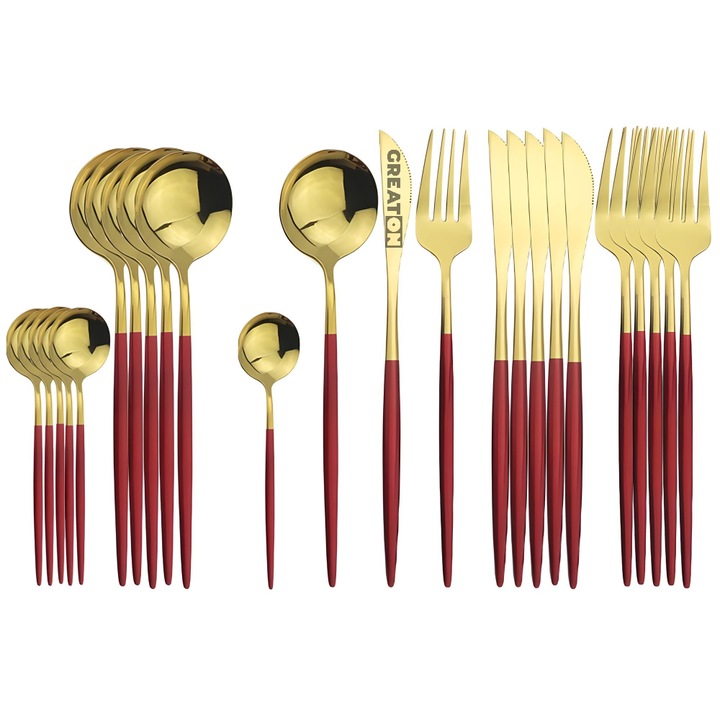Set Tacamuri GREATON 24 Piese Stil Portughez, Inox, Rosu/Auriu, Pentru 6 Persoane