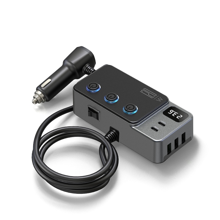 Incarcator auto 8 in 1 de mare putere, 120W, 3 brichete, 3 USB-A, 2 USB-C, QC3.0, PD35W, priza de 12V/24V, comutator independent, chip inteligent, afisaj LED al tensiunii, cablu lung de 1m, negru