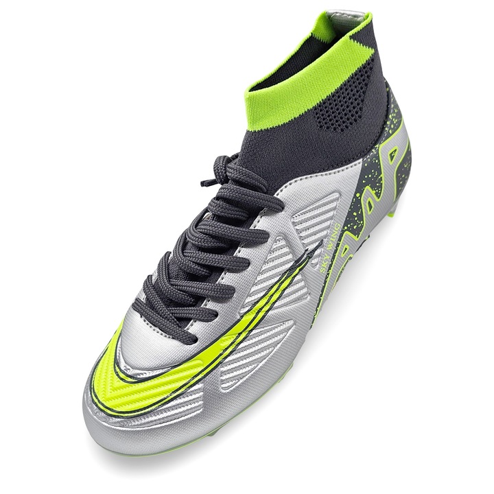Ghete de fotbal Sky Wing C9838, cu glezniera si crampoane, pentru iarba sau sintetic, Argintiu