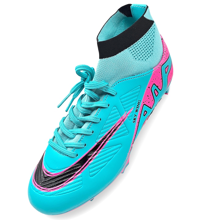 Ghete de fotbal Sky Wing C9838, cu glezniera si crampoane, pentru iarba sau sintetic, Turcoaz
