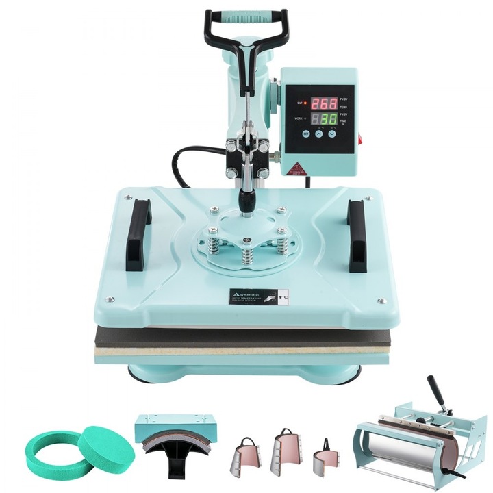 Presa Termica 8 in 1, 30 x 38 cm, pentru tricouri si pahare 30 oz, verde, cu placa de incalzire reglabila, cu temporizator digital