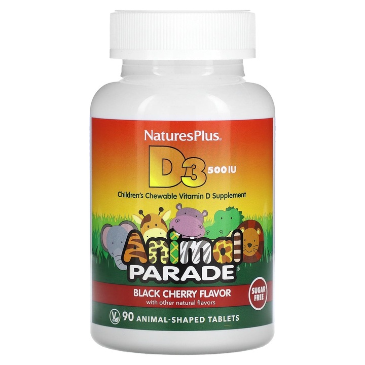NaturesPlus, Animal Parade, Vitamina D3, Fara zahar, Cirese negre, 500 UI, 90 de comprimate in forma de animal