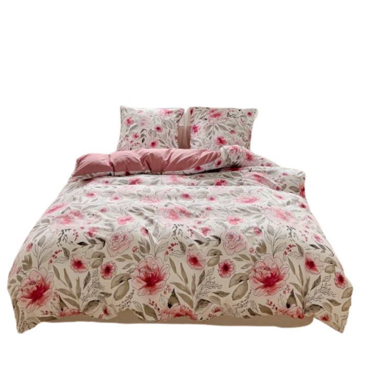 Lenjerie de pat 200x220 bumbac satinat fata-verso GierekHoff gros 3 parti GH 3077 trandafiri