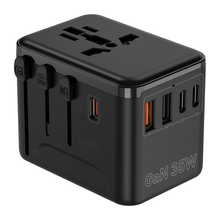Adaptor global de calatorie, 5 in 1 GaN PD35W Super Fast Charge, 2 USB-A, 3 TYPE-C, QC3.0, PD3.0, putere de 2500W, gestionare inteligenta a sigurantei, utilizare in 180+ tari: SUA, Marea Britanie, UE, Australia, Asia, negru