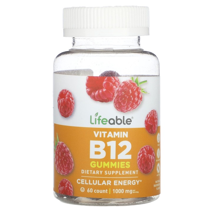 Lifeable, Jeleuri cu vitamina B12, Zmeura naturala, 1000 mg, 60 de jeleuri (500 mg per gel)