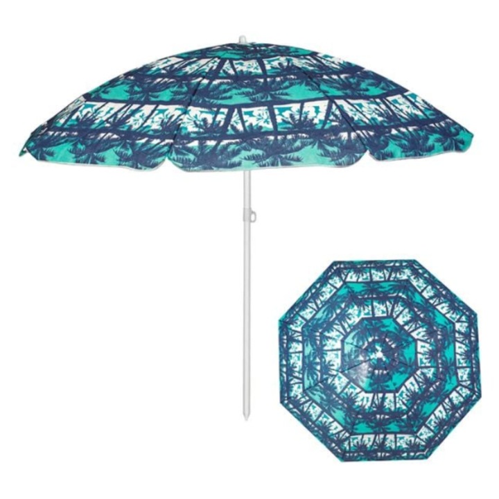 Umbrelă Plajă Granst Stag Albastră Palmieri cu Cadru Metalic, 180cm