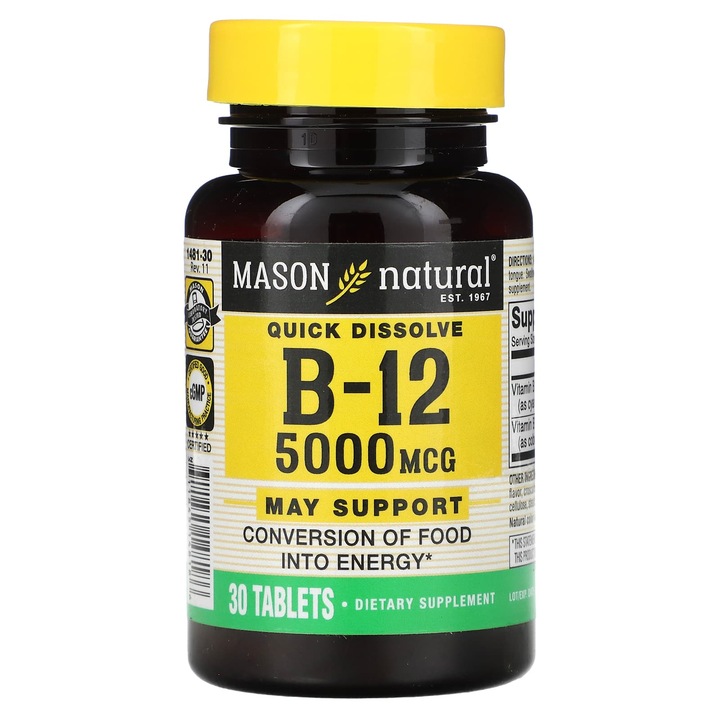 Mason Natural, Dizolvare rapida, Vitamina B12, 5000 µg, 30 comprimate
