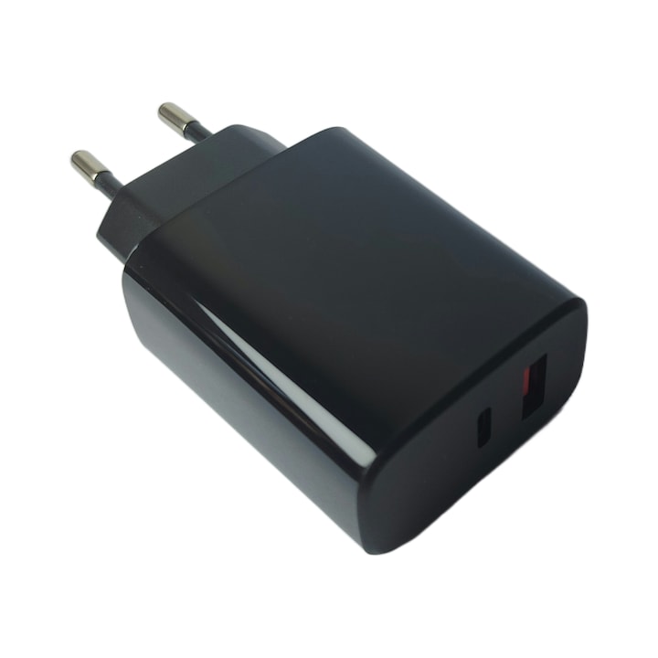 Зарядно за телефон GaN 35W, двупортово USB-C и USB-A, бързо зареждане, PD3.0, QC3.0, черно