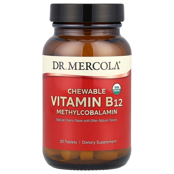 Dr. Mercola, Metilcobalamina cu vitamina B12 masticabila, cirese naturale, 30 de comprimate