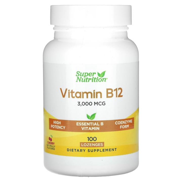 Super Nutrition, Vitamina B12 sub forma de metilcobalamina cu folat, biotina si vitamina B6, cirese, 3000 µg, 100 de pastile