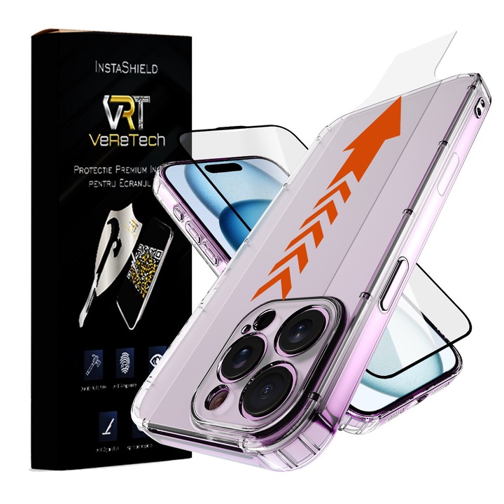 Комплект силиконов калъф и прозрачен протектор за екран, InstaShield от VeReTech за iPhone 14 Pro Max, изработен от закалено стъкло 9H+, Super HD яснота