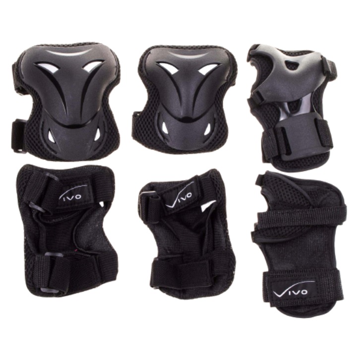 Комплект протектори за деца, VIVO, 6 части, черни, за ролери, скейтбордове, тротинетки