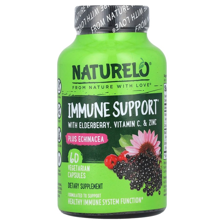 NATURELO, Suport pentru imunitate cu soc, vitamina C, zinc si echinacea, 60 capsule vegetariene