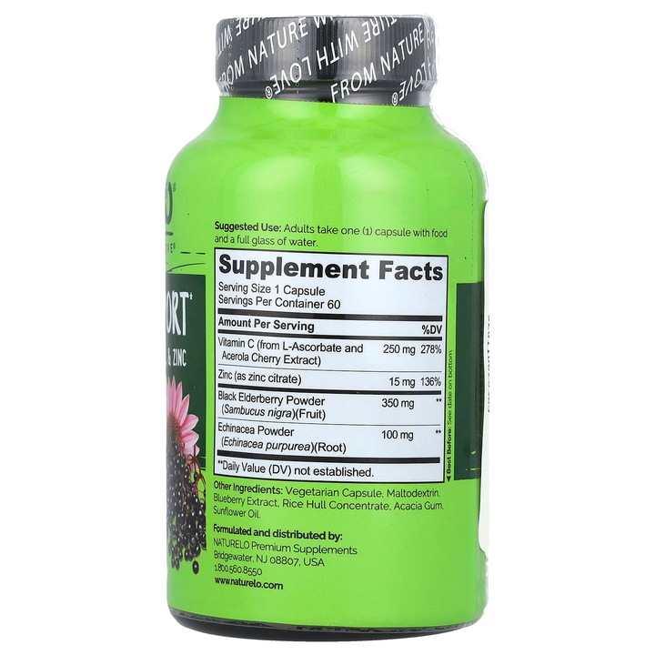 NATURELO, Suport pentru imunitate cu soc, vitamina C, zinc si echinacea, 60 capsule vegetariene
