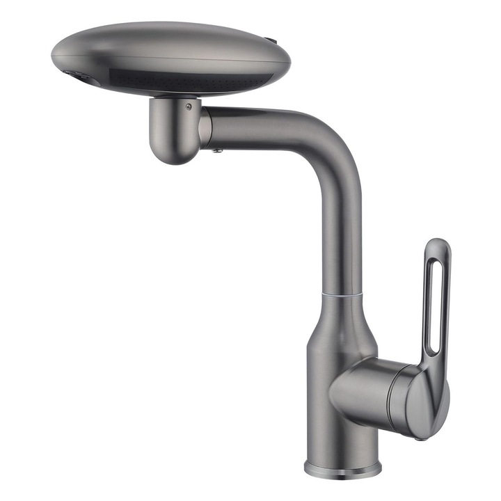 Prémium mosogatócsaptelep, metál szürke, 360°-ban forgó kifolyó, 4 áramlási mód, rozsdamentes acél, ujjlenyomat-taszító kialakítás, 1 lyukú gyorsszerelés, zuhany/vízesés fúvóka
