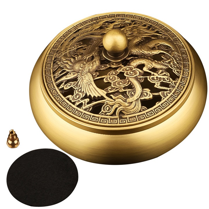Arzator de tamaie cu fund plat in forma de dragon si phoenix, arzator din lemn de santal pentru aromaterapie, ornamente usoare de lux, gol, potrivit pentru yoga SPA, modern si simplu, tava detasabila, suport de tamaie gratuit, 8,4 × 5,2 cm, auriu