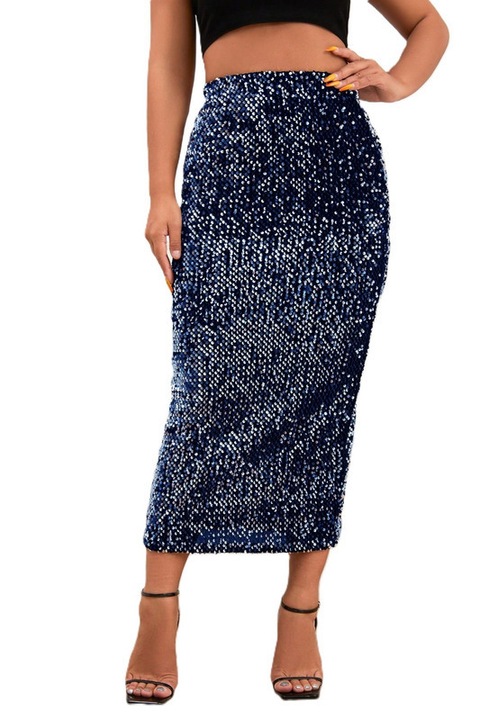 Fusta Dama, Lunga, Cu Paiete, Talie Inalta, Albastru