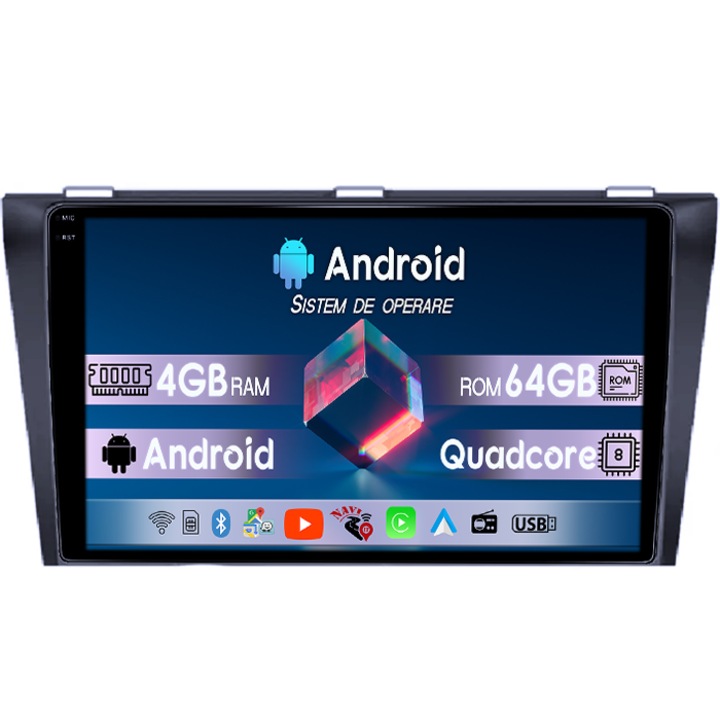 Dedikált navigáció Mazda 3 2004-2009, 4GB RAM 64GB ROM, Octacore, 9" QLED 1K kijelző, Carplay, Android 14, Bluetooth, Play Áruház, AHD kamera támogatás