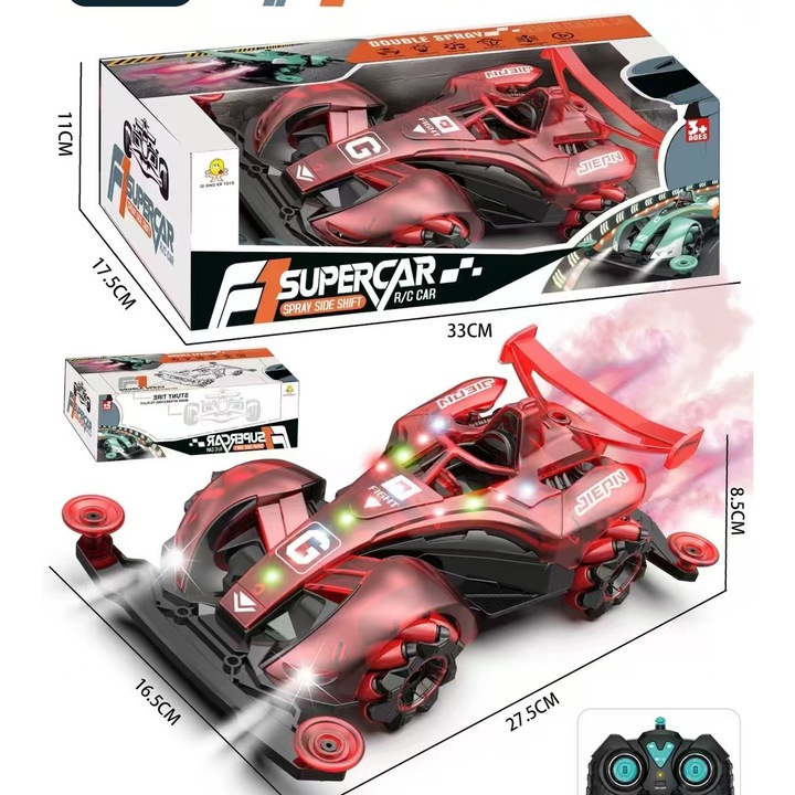 Masinuta telecomandata F1, 4x4, rosu, cu sistem de pulverizare dual, lumini si muzica, pentru varsta de 3 ani