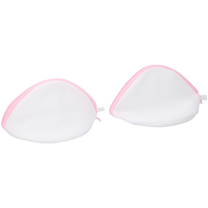 Set 2 saci cu fermoar, pentru spalat sutiene si lenjeria intima, 23x18x14.5 cm, alb/roz