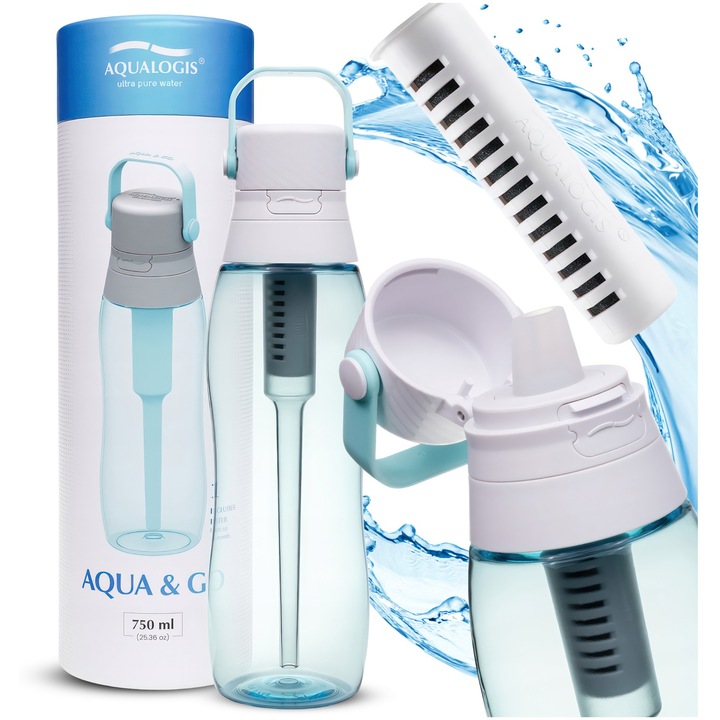 Sticla filtranta Aqualogis Aqua&Go 0,5 L, Albastru deschis + filtru inclus – design compact, plastic fara BPA, reduce clorul si impuritatile, imbunatateste gustul apei, ideala pentru sport, scoala si calatorii