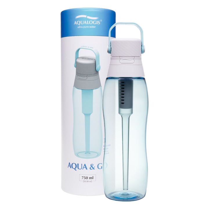Sticla filtranta Aqualogis Aqua&Go 0, 75l, albastru deschis, set cu filtru