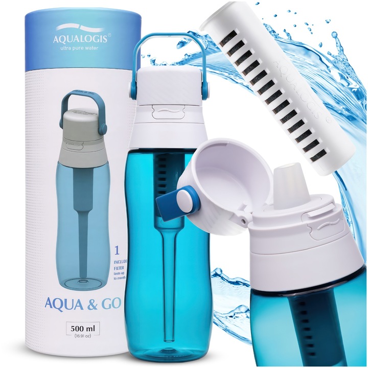 Sticla de filtrare a apei Aqualogis, model Aqua & Go bleu marine, 500 ml
