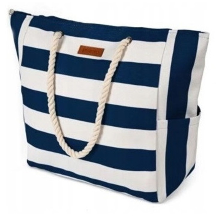 Geanta de plaja Norimpex, cu fermoar, model cu dungi, gri si albastru, 53x37x18cm