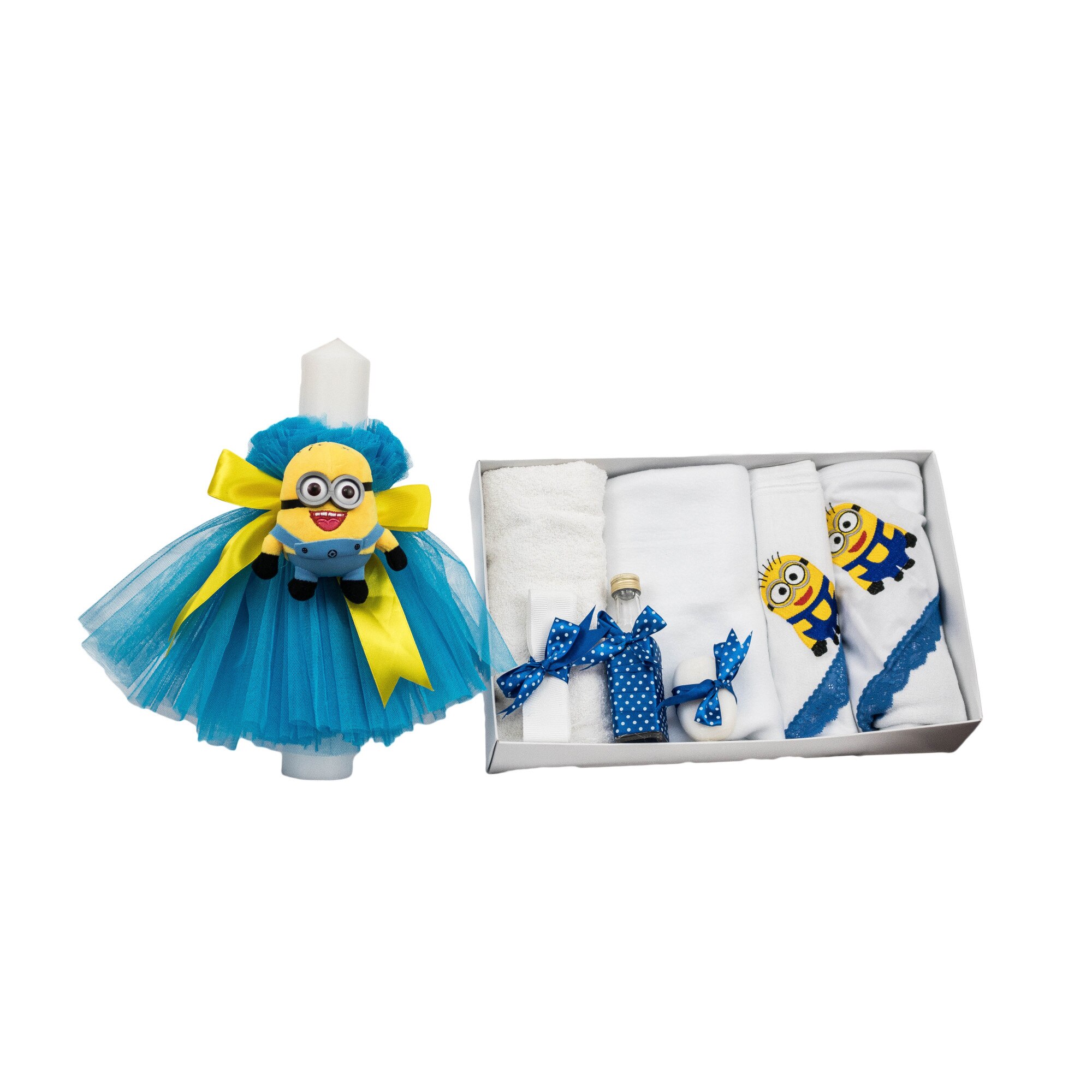 Set botez brodat Minioni, doua piese bleu