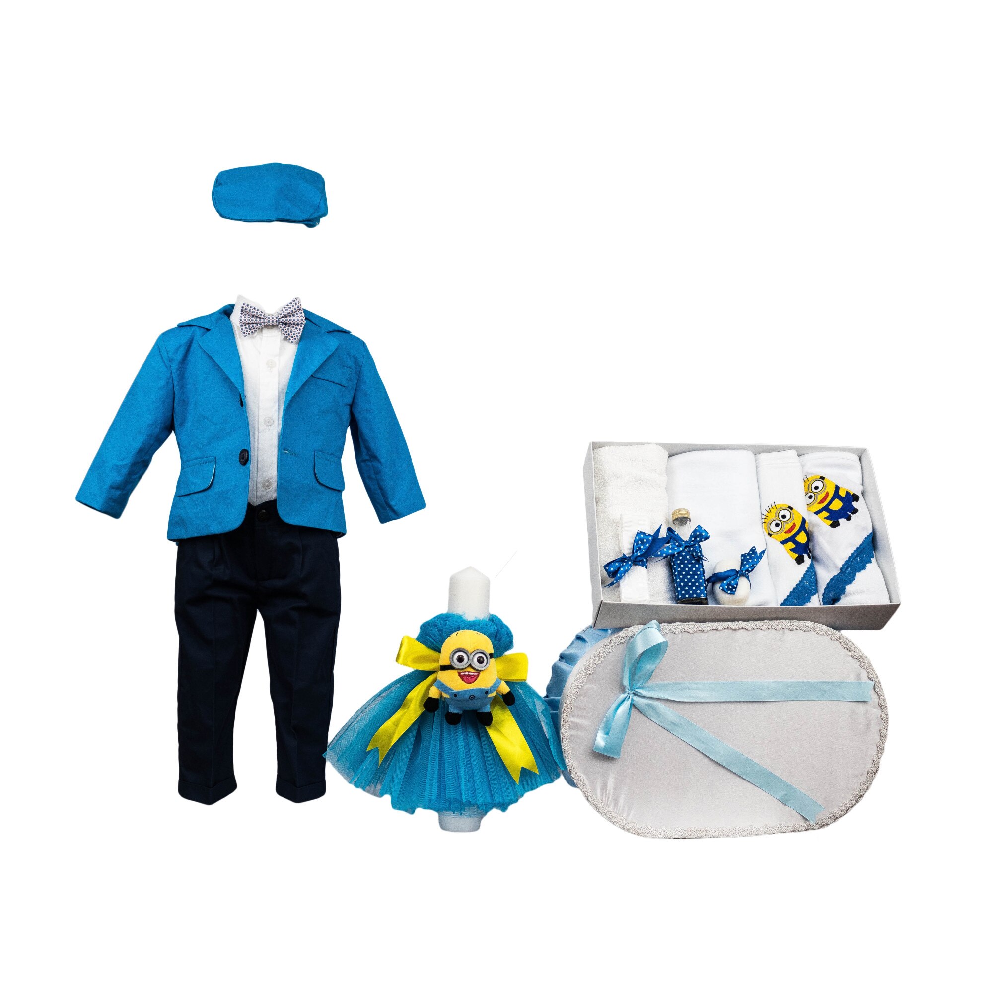 Set botez Minioni, patru piese bleu, varsta 0-3 luni