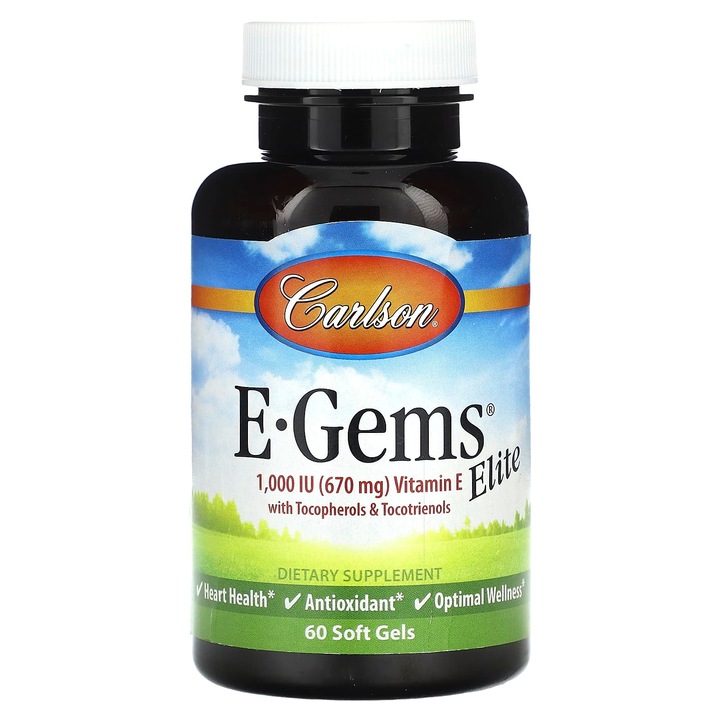 Carlson, E-Gems Elite, Vitamina E cu tocoferoli si tocotrienoli, 670 mg (1000 UI), 60 capsule moi