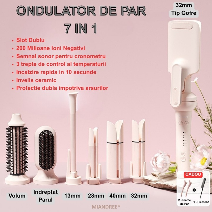 Ondulator Automat Bucle 7 IN 1, MIANDREE®, Invelis Turmalina Ceramica, Protectie Avansata, Potrivit pentru Par Lung si Scurt, 3 Setari de Temperatura, Directii Rotative, Roz, 3 Setari pentru Timer, Alimentare Cablu