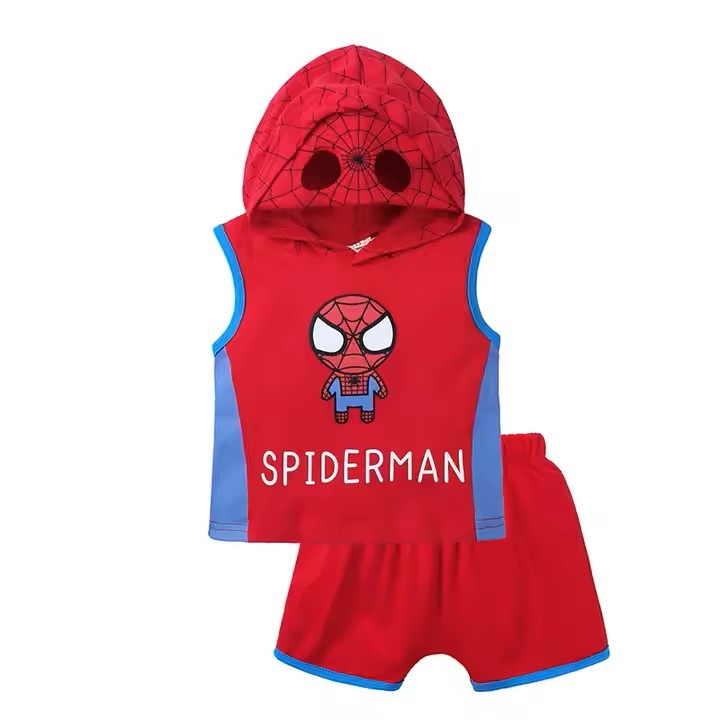 Compleu vara baieti, set de bluza, cu imprimeu Spiderman, pantaloni scurti, 100 cm, 2 - 3 ani, One Derya, Rosu, Bumbac