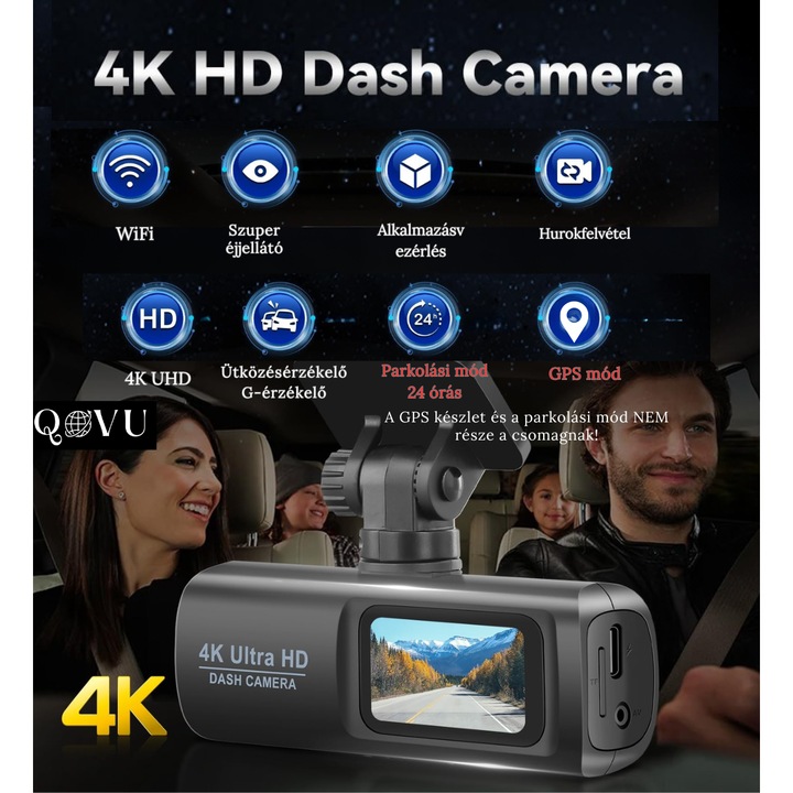QOVU® V22 DVR autós kamera, 4K elülső és 1080P hátsó felbontás, WiFi és dedikált alkalmazás, 170°-os ultraszéles látószög, 128 GB kapacitás, hurokfelvétel és ütközésérzékelő, éjjellátó autós kamera