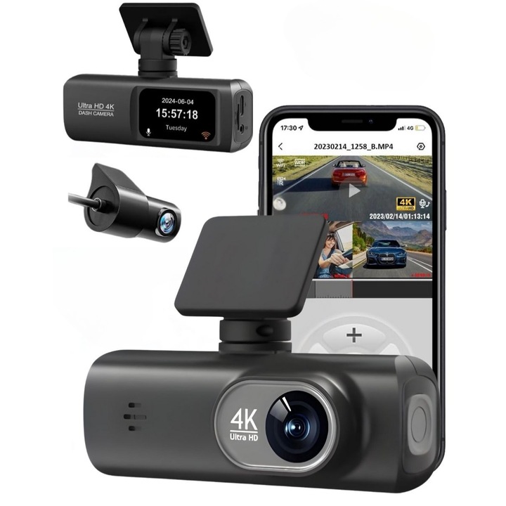 QOVU® V22 DVR видеорегистратор, 4K отпред, 2K отзад, WiFi и специално приложение, 170° ултрашироко зрително поле, капацитет 128GB, цикличен запис и сензор за сблъсък, автомобилна камера с нощно виждане